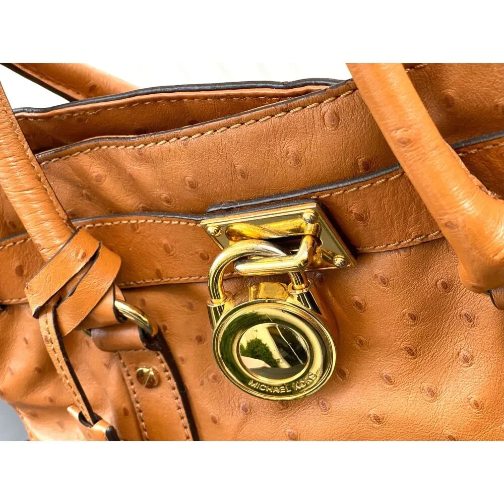 Michael Kors Caramel Ostrich Print Leather Satchel Crossbody Strap and Logo Lock